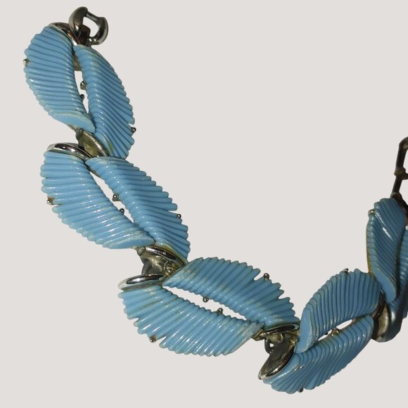 Vintage 1950 BSK Blue Parure Enamel Leaf Link Bracelet Silver Tone Metal 7 Inch - Picture 7 of 8